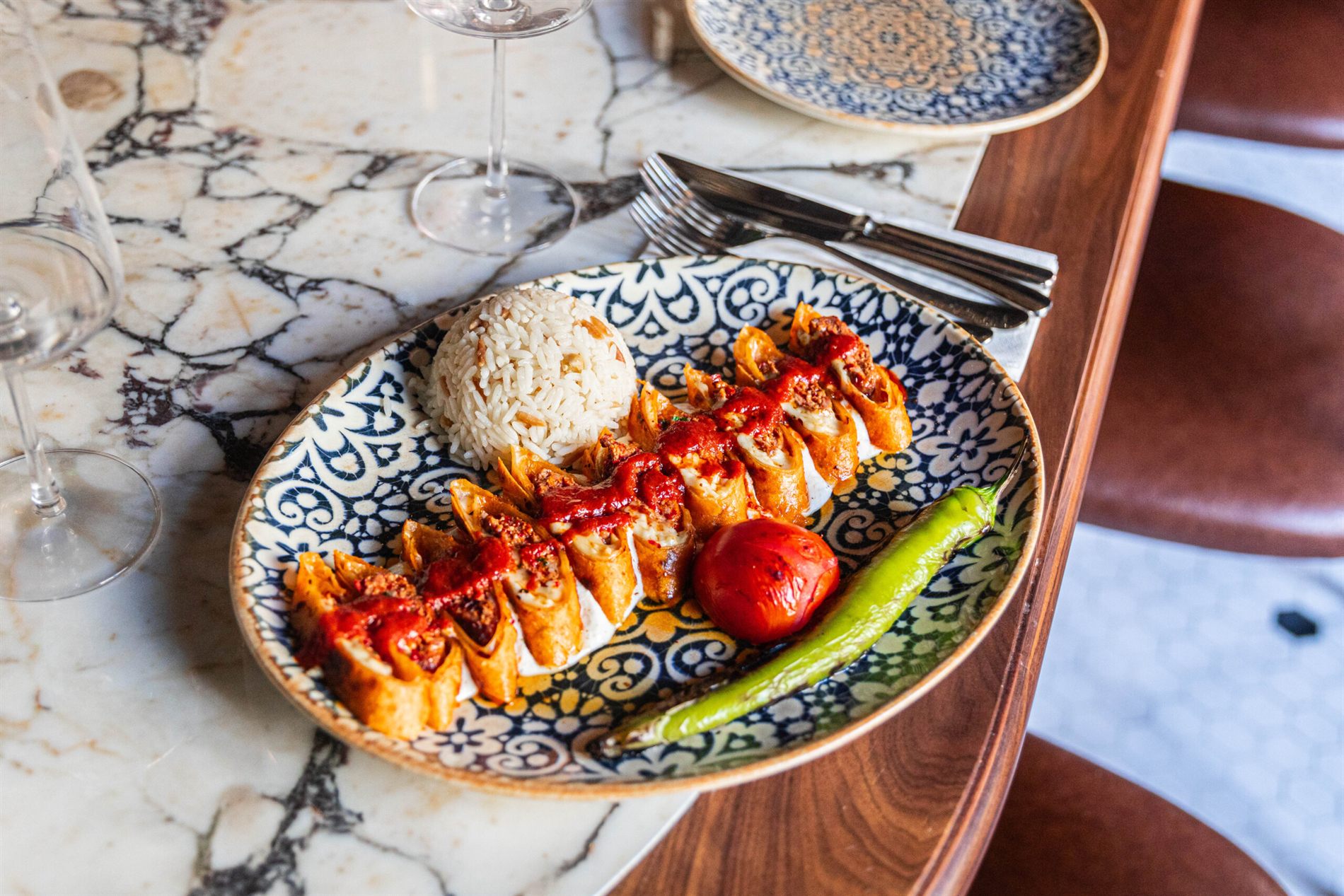 A kebab served with rice at Elif