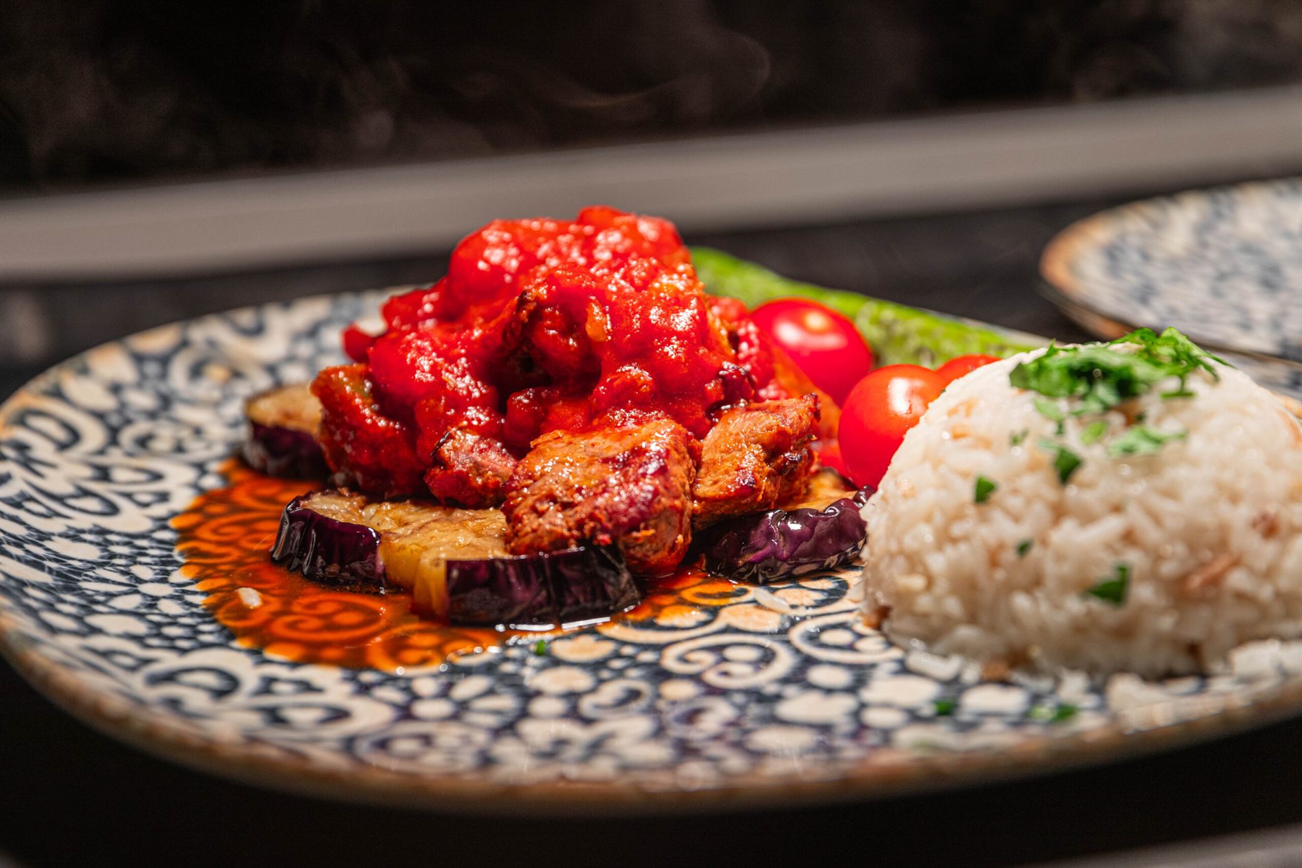 Chicken in a sweet chilli and sesame sauce with rice