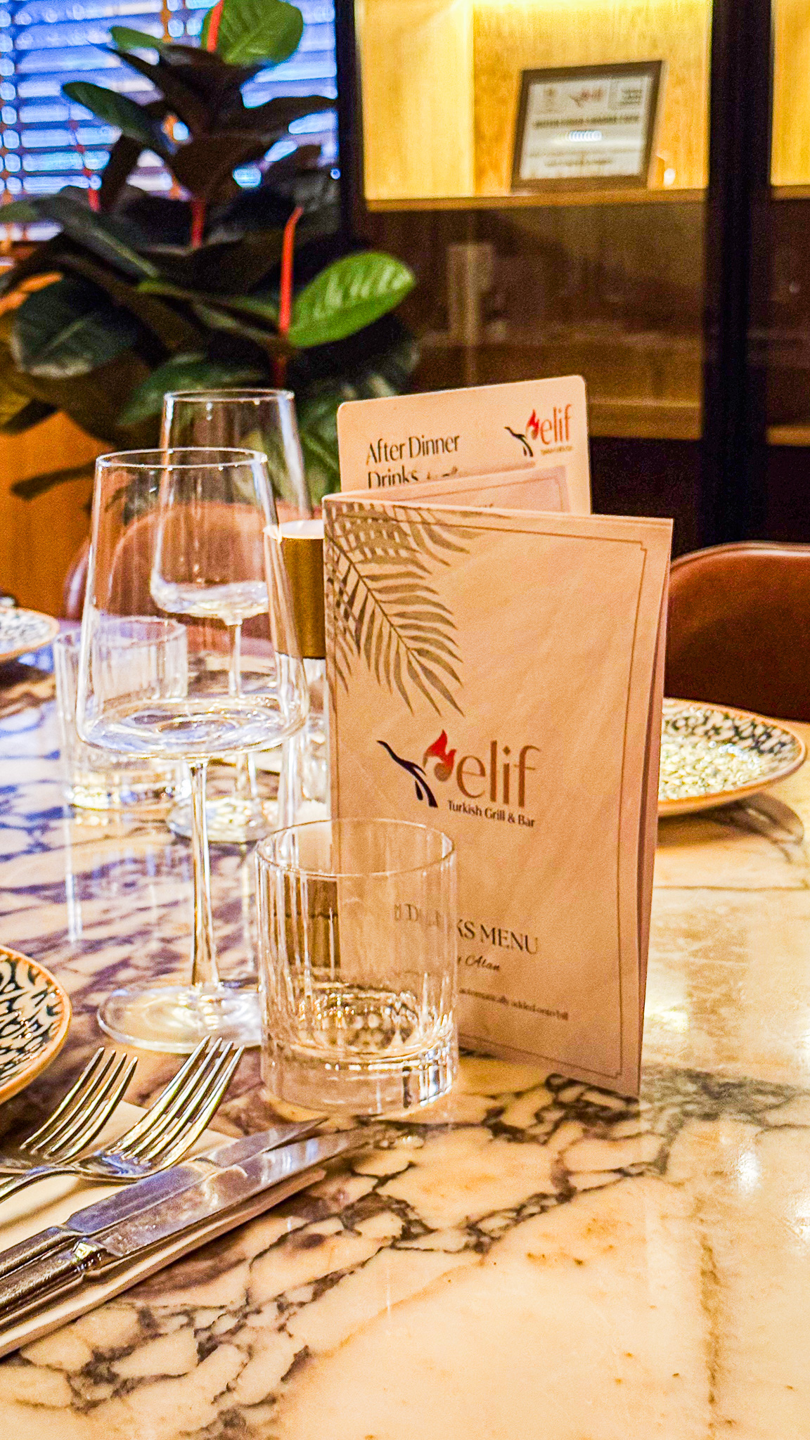 An after-dinner drinks card on the private dining table